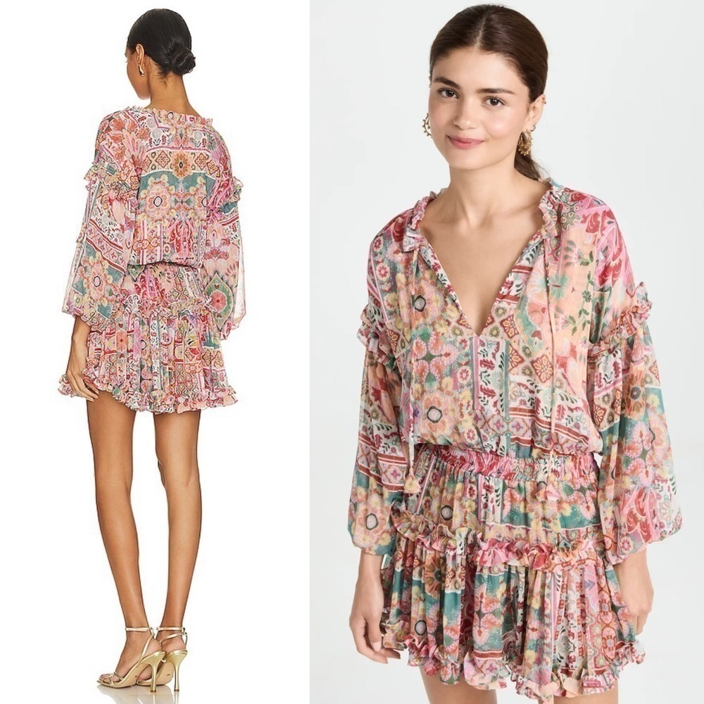 MISA Chiffon Puff Long Sleeve Tassel Tie Neck Smocked Waist Tier Ruffle Dress XS - Picture 4 of 16